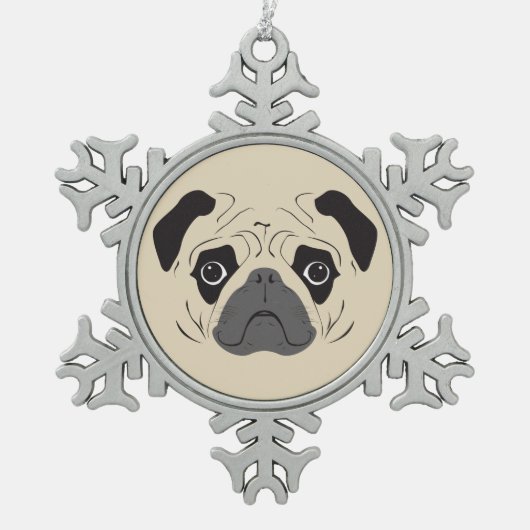 Pug顔シルエット スノーフレークピューターオーナメント (正面)