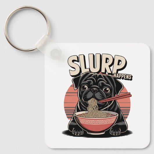 Pug食べラーメンがおもしろい起こる キーホルダー (正面)