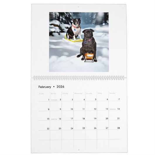 pug and Boston terrier calendar カレンダー (2月 2026)