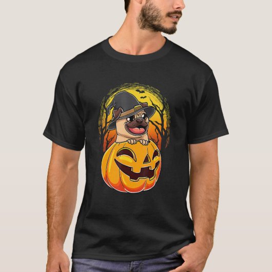 Pug And Pumpkin Spooky Halloween Dog Men Women Kid Tシャツ (正面)
