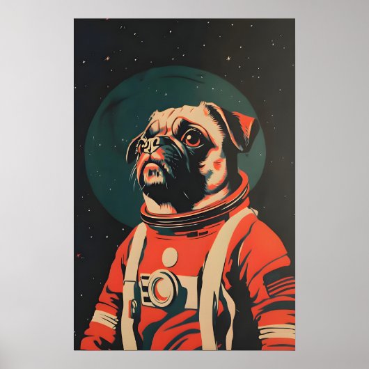 Pug Astronaut Poster, Pug Retro Print, Pug ポスター (正面)