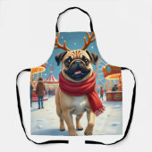 Pug at the Winter Fairgrounds Christmas Painting エプロン (正面)
