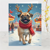 Pug at the Winter Fairgrounds Christmas Painting カード (黄色い花)