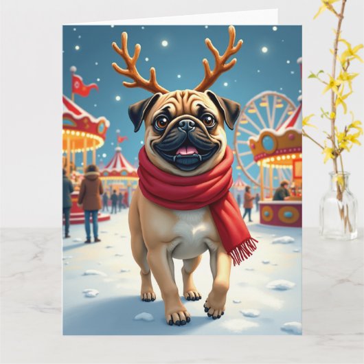 Pug at the Winter Fairgrounds Christmas Painting カード (黄色い花)