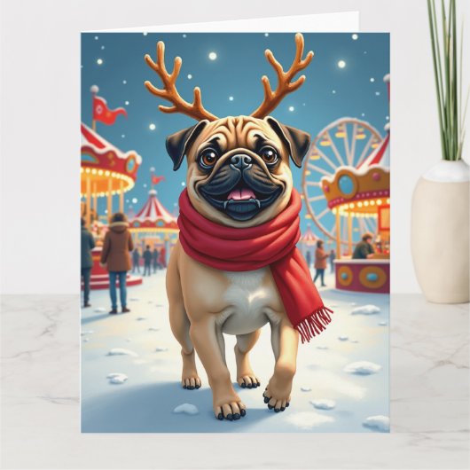 Pug at the Winter Fairgrounds Christmas Painting カード (正面)