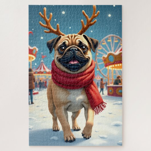 Pug at the Winter Fairgrounds Christmas Painting ジグソーパズル (縦)