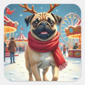 Pug at the Winter Fairgrounds Christmas Painting スクエアシール (正面)