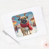 Pug at the Winter Fairgrounds Christmas Painting スクエアシール (封筒)
