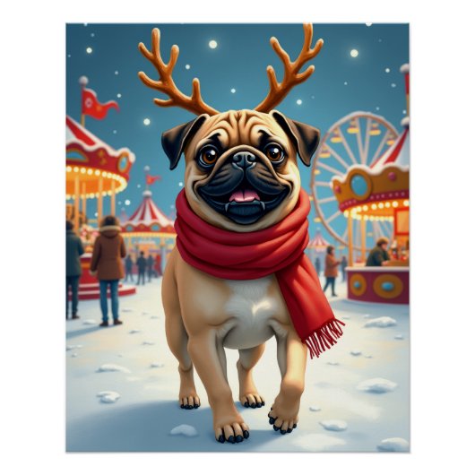Pug at the Winter Fairgrounds Christmas Painting ポスター (正面)