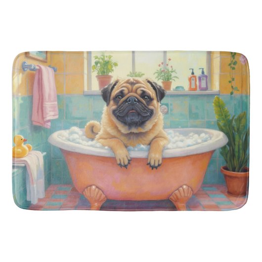 Pug Bath Time Cute Bathroom Decor バスマット (正面)