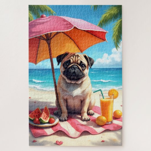 Pug Beach Relax Scene ジグソーパズル (縦)