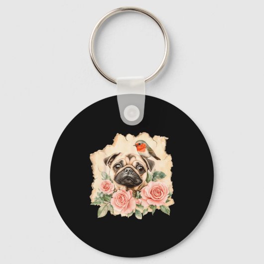 Pug bird cute dog funny pug  キーホルダー (正面)