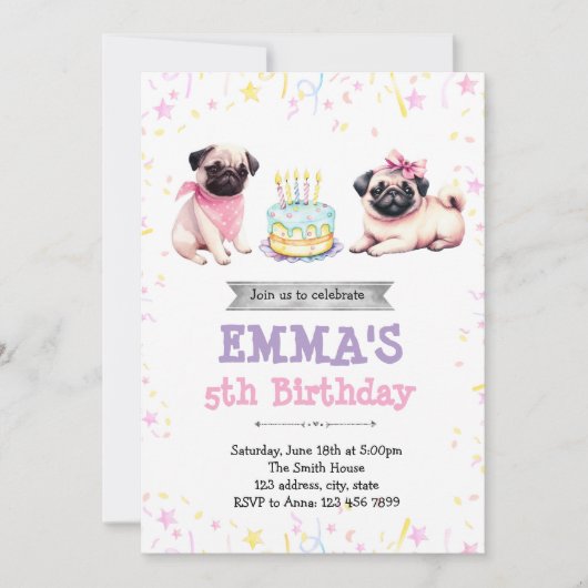 Pug birthday invitation 招待状 (正面)