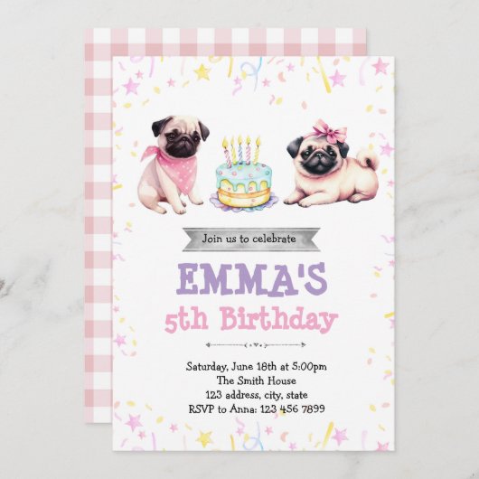 Pug birthday invitation 招待状 (正面/裏面)