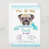 Pug Birthday Invitation, Pug Invite 招待状 (正面/裏面)