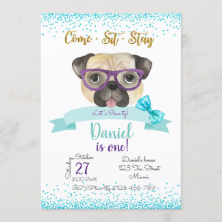 Pug Birthday Invitation, Pug Invite 招待状