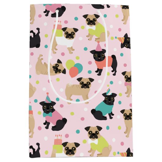 Pug Birthday Party Celebration ミディアムペーパーバッグ (正面)