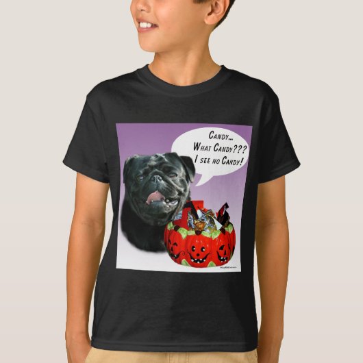 Pug (blk)ハロウィーンキャンディ tシャツ (正面)
