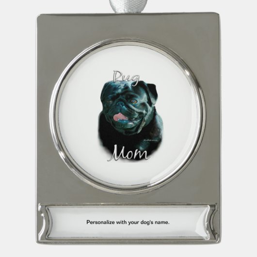 Pug (blk)母2 シルバープレートバナーオーナメント (正面)