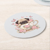 Pug Blossom Dreams Coaster – Cute Floral Pug Drink ラウンドペーパーコースター (アングル)