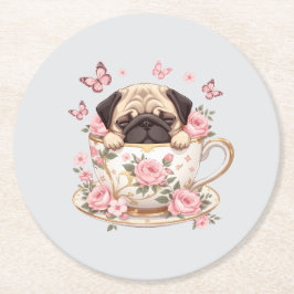 Pug Blossom Dreams Coaster – Cute Floral Pug Drink ラウンドペーパーコースター