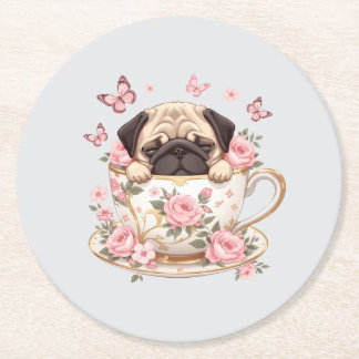 Pug Blossom Dreams Coaster – Cute Floral Pug Drink ラウンドペーパーコースター