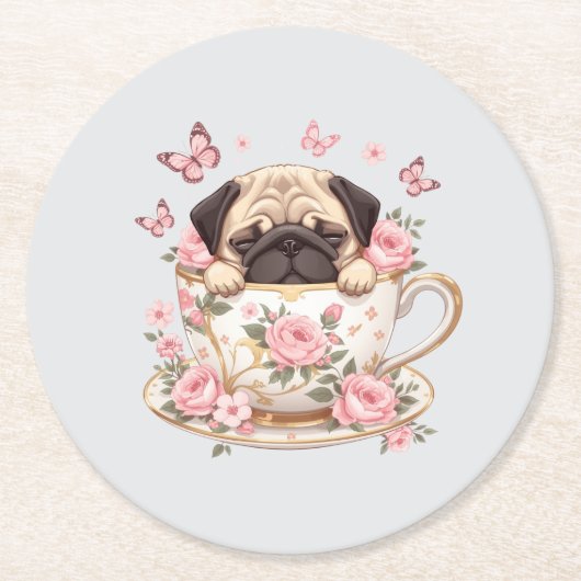 Pug Blossom Dreams Coaster – Cute Floral Pug Drink ラウンドペーパーコースター (正面)