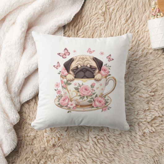 Pug Blossom Dreams Throw Pillow – Cute Floral Pug  クッション (ブランケット)
