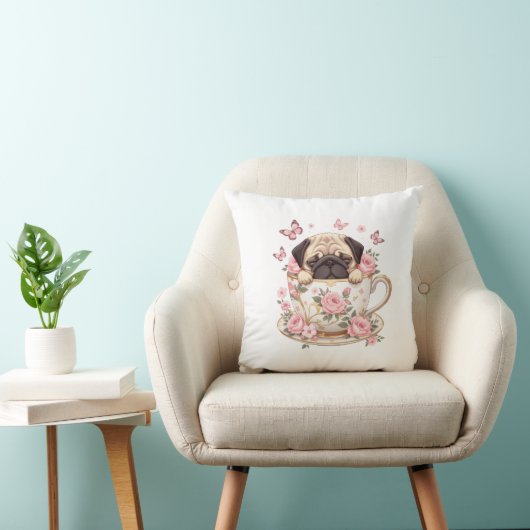 Pug Blossom Dreams Throw Pillow – Cute Floral Pug  クッション (椅子)