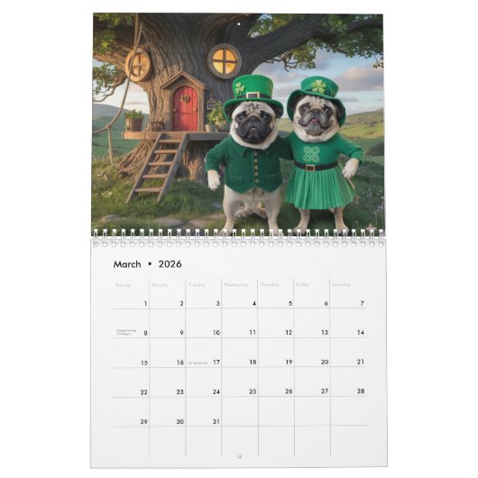 Pug Calendar カレンダー (3月 2026)