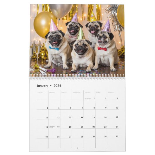 Pug Calendar カレンダー (1月 2026)