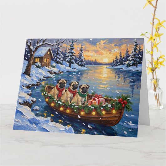 Pug Christmas Boat Holiday カード (黄色い花)