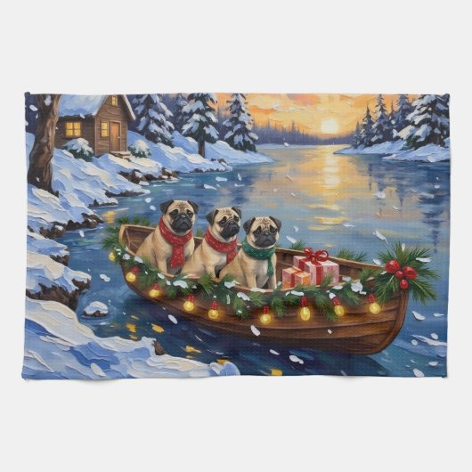 Pug Christmas Boat Holiday キッチンタオル (横)