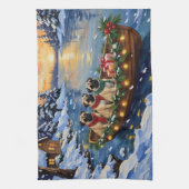 Pug Christmas Boat Holiday キッチンタオル (縦)