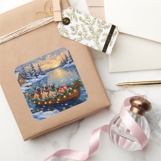 Pug Christmas Boat Holiday スクエアシール (ギフト)