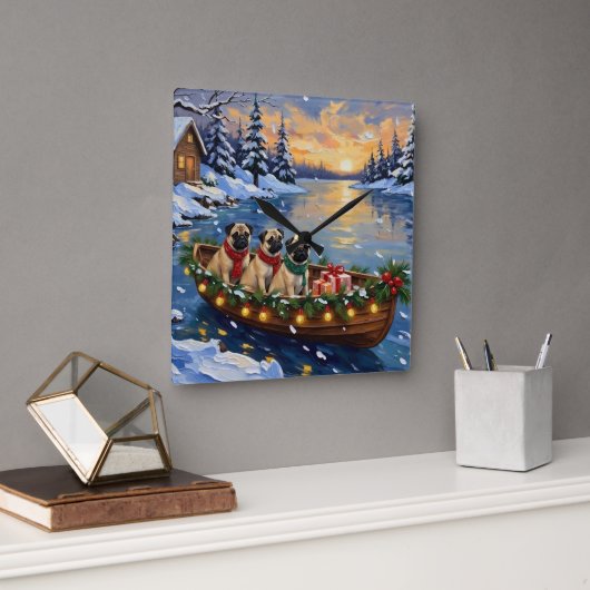 Pug Christmas Boat Holiday スクエア壁時計 (オフィス)