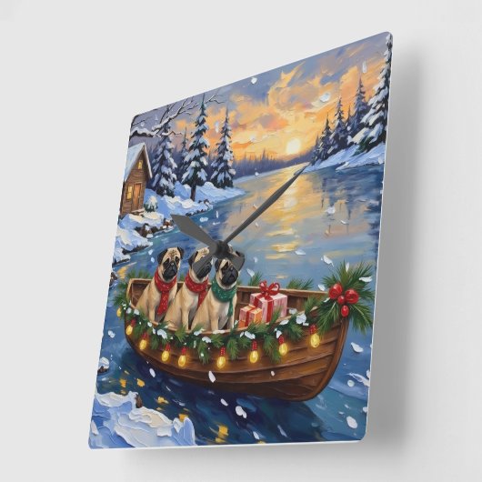Pug Christmas Boat Holiday スクエア壁時計 (傾斜)