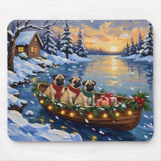 Pug Christmas Boat Holiday マウスパッド (正面)