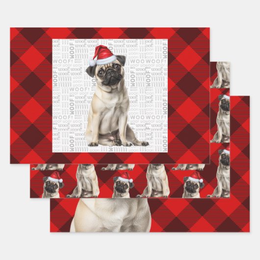 Pug Christmas Dog Red Buffalo Plaid ラッピングペーパーシート (セット)