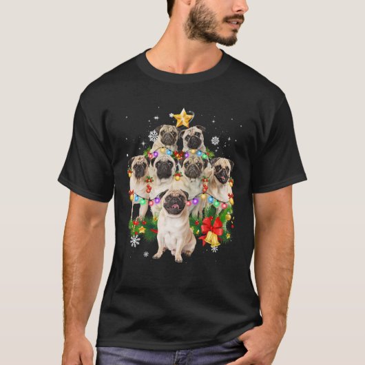 Pug Christmas Dog Tree Lights Pajamas Family Tシャツ (正面)