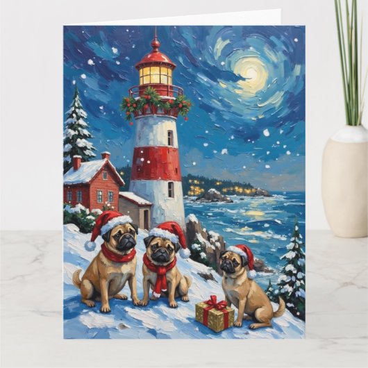 Pug Christmas Lighthouse Holiday カード (正面)