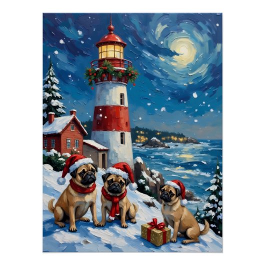 Pug Christmas Lighthouse Holiday ポスター (正面)