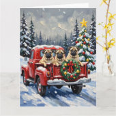 Pug Christmas Red Truck Holiday カード (黄色い花)