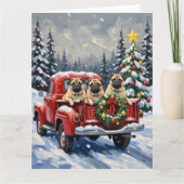 Pug Christmas Red Truck Holiday カード (正面)