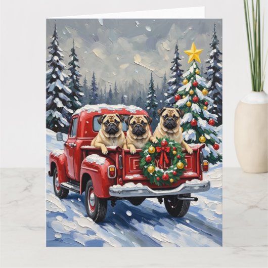 Pug Christmas Red Truck Holiday カード (正面)