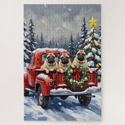 Pug Christmas Red Truck Holiday ジグソーパズル (縦)