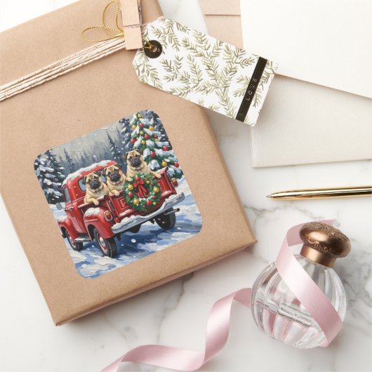 Pug Christmas Red Truck Holiday スクエアシール (ギフト)