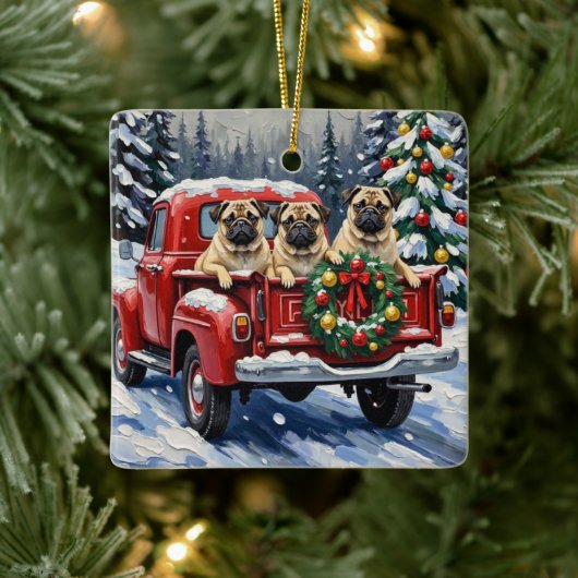 Pug Christmas Red Truck Holiday セラミックオーナメント (ツリー)