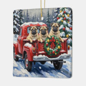 Pug Christmas Red Truck Holiday セラミックオーナメント (左)