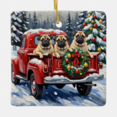 Pug Christmas Red Truck Holiday セラミックオーナメント (正面)